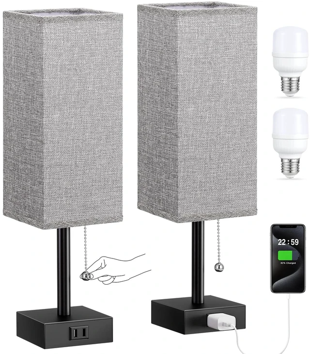 Main image of Bedside Lamp for Bedroom Set of 2 - Grey Table Lamp for Nightstand AC Outlet, 3 Color Temperatures, LED Bulb Included, Pull Chain Design, 14" Rectangular Desk Lamp for Dorm/Office, 2-Pack