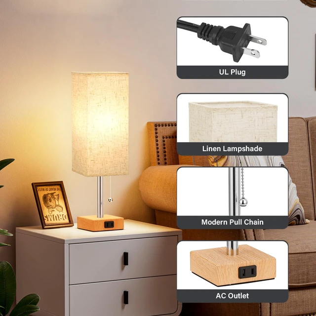 Alt view image 7 of 7 - Bedside Lamp for Bedroom Set of 2 - Small Table Lamp for Nightstand AC Outlet, 3 Color Temperatures, LED Bulb Included, Pull Chain Design, 14" Rectangular Desk Lamp for Dorm/Office, 2-Pack