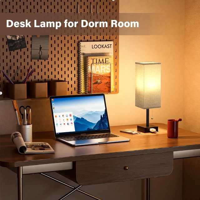Alt view image 4 of 7 - Bedside Lamp for Bedroom Set of 2 - Grey Table Lamp for Nightstand AC Outlet, 3 Color Temperatures, LED Bulb Included, Pull Chain Design, 14" Rectangular Desk Lamp for Dorm/Office, 2-Pack