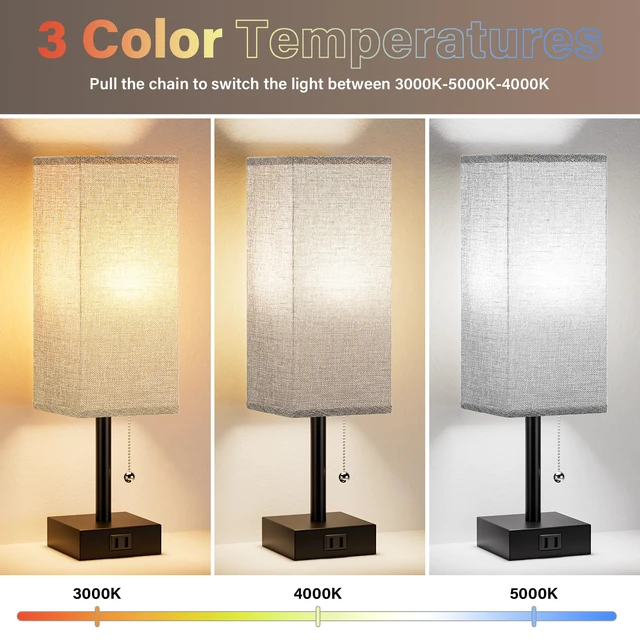 Alt view image 3 of 7 - Bedside Lamp for Bedroom Set of 2 - Grey Table Lamp for Nightstand AC Outlet, 3 Color Temperatures, LED Bulb Included, Pull Chain Design, 14" Rectangular Desk Lamp for Dorm/Office, 2-Pack