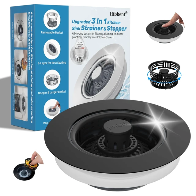 Main image of 3 in 1 Kitchen Sink Drain Strainer, Metal Pop Up Stopper Larger Anti-Clogging Basket, 3-Layer Seal, Detachable Sink Drain Plug for US Standard 3-1/2" Drain, Black