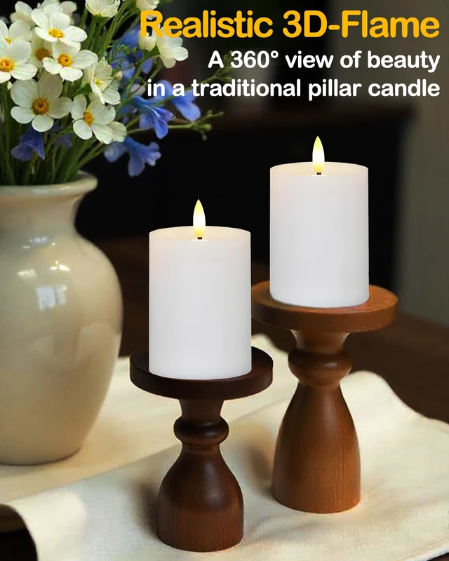 Alt view image 4 of 7 - 3"x6" Outdoor Waterproof Flameless Candles with Remote Timers Battery 2 Pack White Battery Operated Candles, LED Candles, Electric Fake Pillar Candles for Patio, Porch, Lanterns Decor (Plastic)