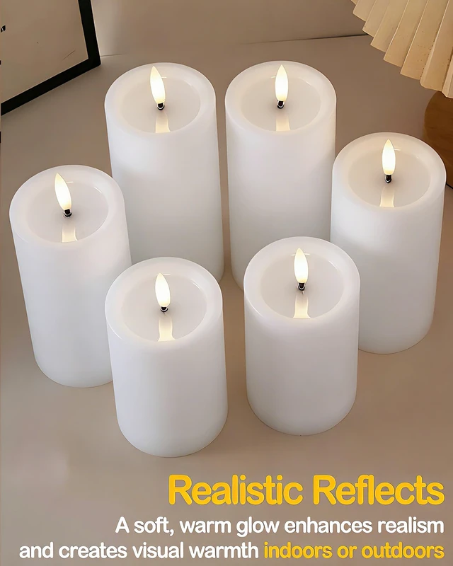 Alt view image 3 of 7 - 3"x6" Outdoor Waterproof Flameless Candles with Remote Timers Battery 2 Pack White Battery Operated Candles, LED Candles, Electric Fake Pillar Candles for Patio, Porch, Lanterns Decor (Plastic)