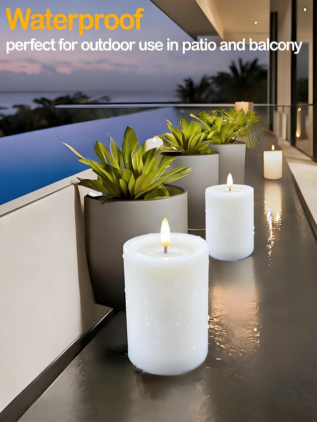Alt view image 5 of 7 - 3"x6" Outdoor Waterproof Flameless Candles with Remote Timers Battery 2 Pack White Battery Operated Candles, LED Candles, Electric Fake Pillar Candles for Patio, Porch, Lanterns Decor (Plastic)