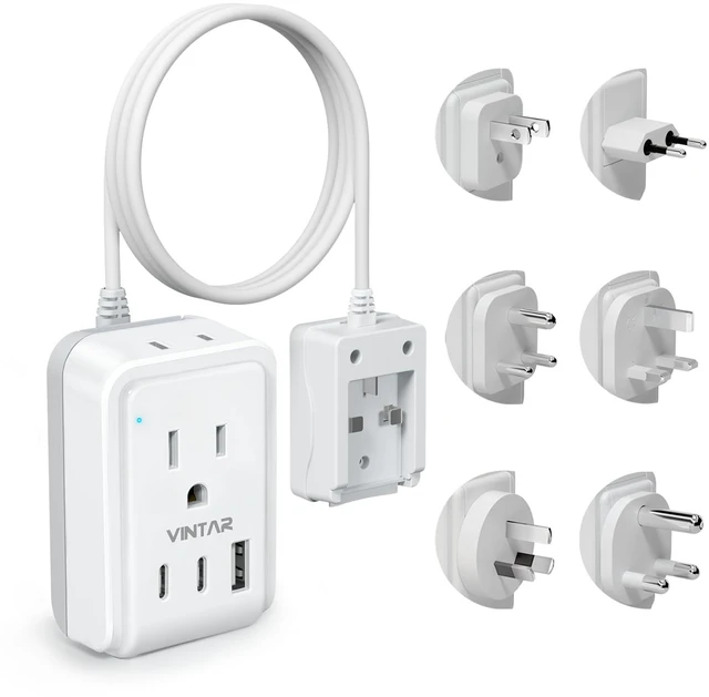 Main image of Universal Travel Adapter, 5ft Detachable Cord Type A/C/G/D/I/M Plugs 5 in 1 with 2 AC 3 USB Ports (2 USB C), 17W Fast Charge, International Power Adapter for US to Europe UK India Africa Japan