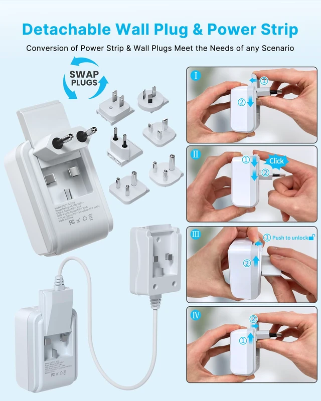 Alt view image 2 of 6 - Universal Travel Adapter, 5ft Detachable Cord Type A/C/G/D/I/M Plugs 5 in 1 with 2 AC 3 USB Ports (2 USB C), 17W Fast Charge, International Power Adapter for US to Europe UK India Africa Japan