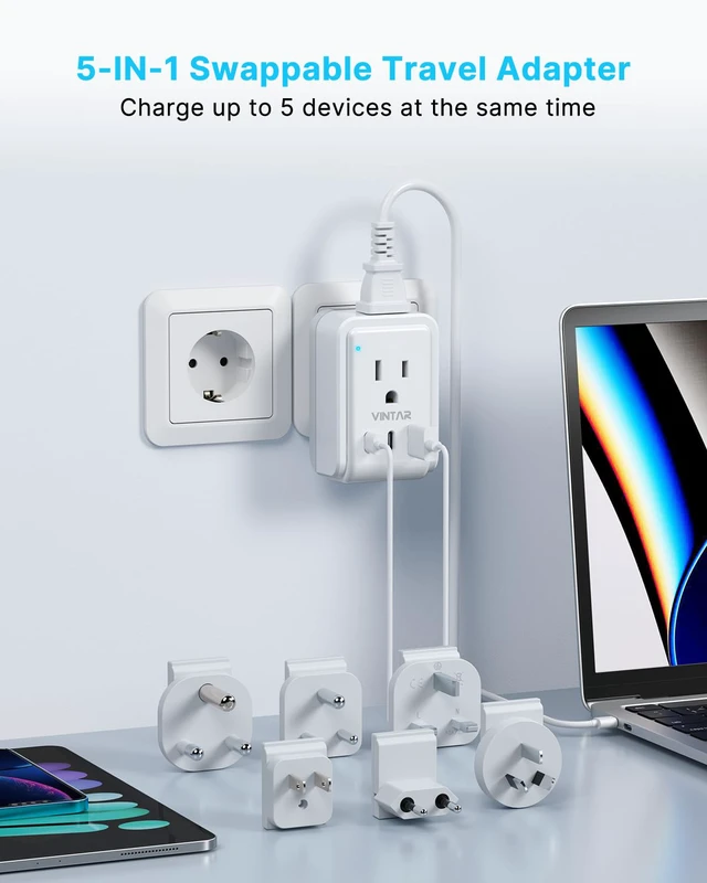 Alt view image 3 of 6 - Universal Travel Adapter, 5ft Detachable Cord Type A/C/G/D/I/M Plugs 5 in 1 with 2 AC 3 USB Ports (2 USB C), 17W Fast Charge, International Power Adapter for US to Europe UK India Africa Japan