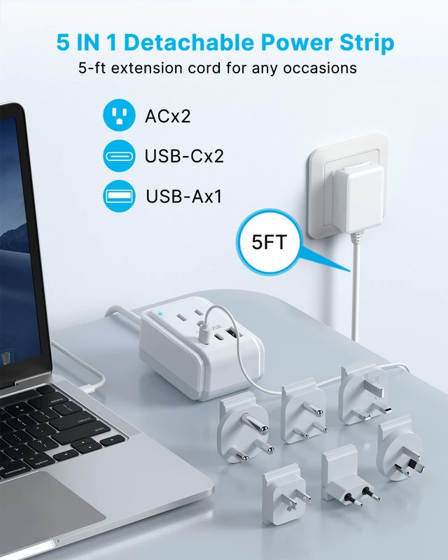 Alt view image 4 of 6 - Universal Travel Adapter, 5ft Detachable Cord Type A/C/G/D/I/M Plugs 5 in 1 with 2 AC 3 USB Ports (2 USB C), 17W Fast Charge, International Power Adapter for US to Europe UK India Africa Japan