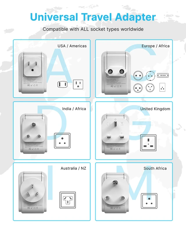Alt view image 5 of 6 - Universal Travel Adapter, 5ft Detachable Cord Type A/C/G/D/I/M Plugs 5 in 1 with 2 AC 3 USB Ports (2 USB C), 17W Fast Charge, International Power Adapter for US to Europe UK India Africa Japan