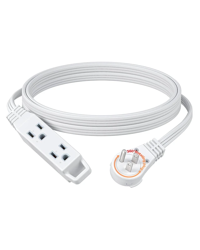 Main image of 10FT Flat Plug Extension Cord, 360° Rotating Plug, 16/3 3 Prong, Ultra Thin, 13A/125V/1625W, Grounded Flat Power Cable for Indoor Narrow Space, SPT-3, ETL Listed, White