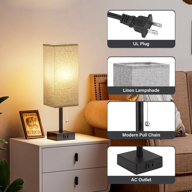 Alt view image 6 of 7 - Bedside Lamp for Bedroom Set of 2 - Grey Table Lamp for Nightstand AC Outlet, 3 Color Temperatures, LED Bulb Included, Pull Chain Design, 14" Rectangular Desk Lamp for Dorm/Office, 2-Pack