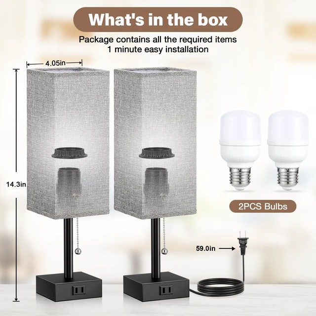 Alt view image 7 of 7 - Bedside Lamp for Bedroom Set of 2 - Grey Table Lamp for Nightstand AC Outlet, 3 Color Temperatures, LED Bulb Included, Pull Chain Design, 14" Rectangular Desk Lamp for Dorm/Office, 2-Pack