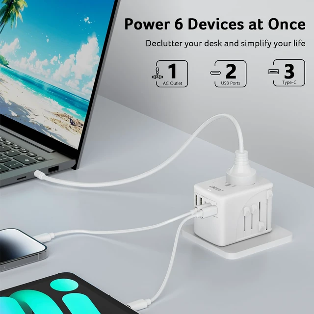 Alt view image 3 of 7 - Universal Travel Plug Adapter - International Power Adapter with 5 USB Ports (3 USB C) 5.8A, Worldwide Outlet Charger for USA to European UK France Germany Spain, Type C/E/F/G/I/L/A, White