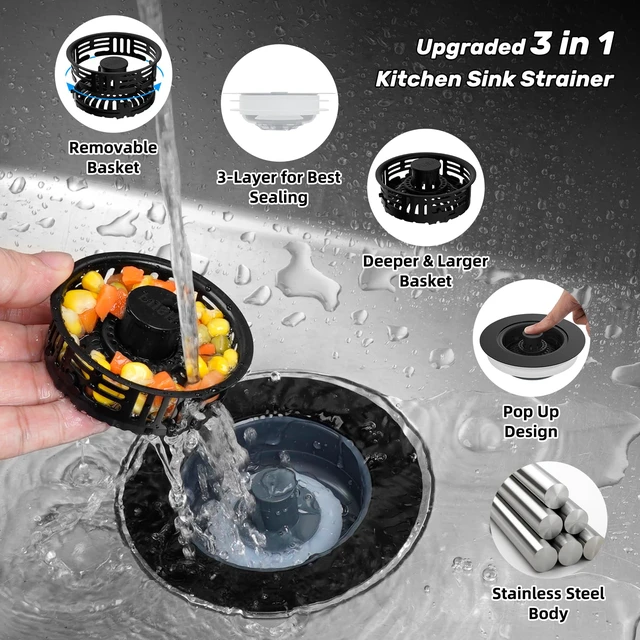 Alt view image 2 of 7 - 3 in 1 Kitchen Sink Drain Strainer, Metal Pop Up Stopper Larger Anti-Clogging Basket, 3-Layer Seal, Detachable Sink Drain Plug for US Standard 3-1/2" Drain, Black