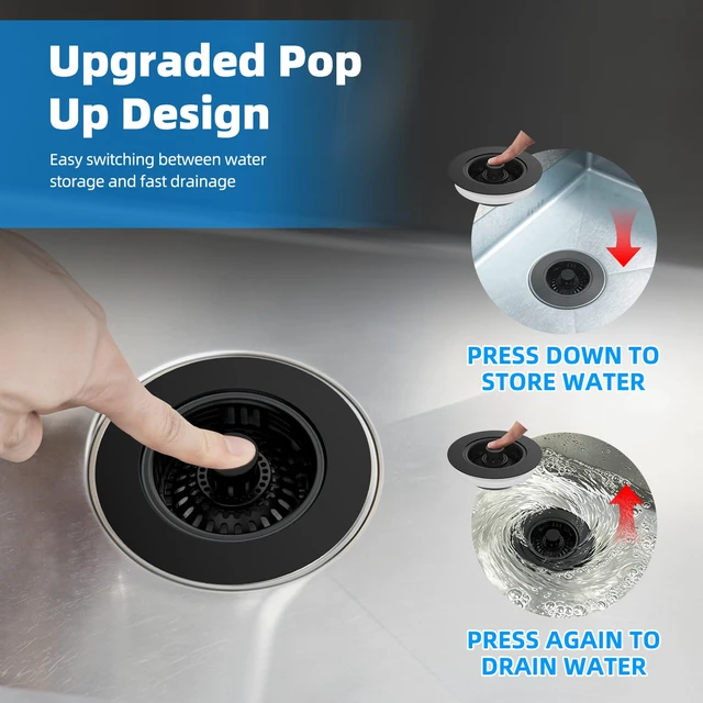 Alt view image 5 of 7 - 3 in 1 Kitchen Sink Drain Strainer, Metal Pop Up Stopper Larger Anti-Clogging Basket, 3-Layer Seal, Detachable Sink Drain Plug for US Standard 3-1/2" Drain, Black