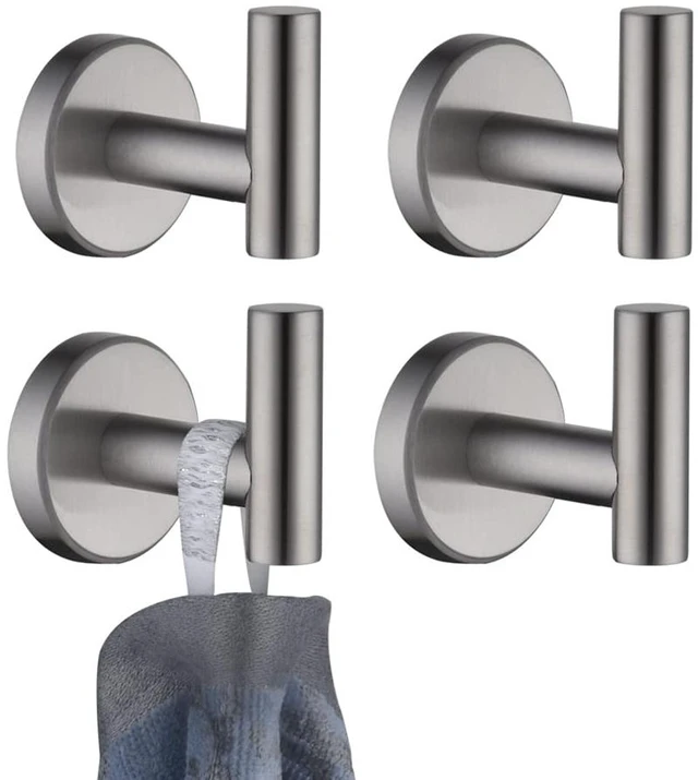 Main image of Bathroom Towel Hook, Coat Robe Clothes Bath Wall Hooks for Kitchen Garage SUS 304 Stainless Steel Thick 0.8mm, 4 Pack Brushed Finish, TH100-BN-P4
