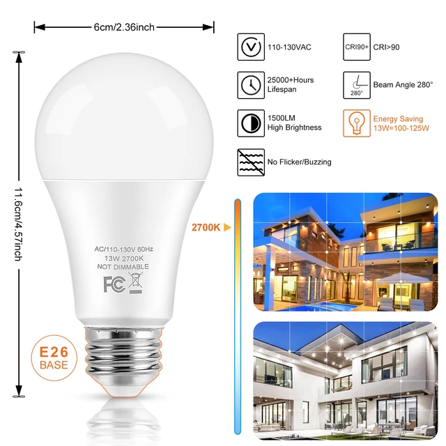 Alt view image 2 of 6 - LED Light Bulbs, 100 Watt Equivalent A19 LED Bulbs, 13W 2700K Warm White 1500 Lumens Non-Dimmable Bright E26 Edison Medium Screw Bulbs for Home Bedroom Kitchen Living Room Office Lamp, 4-Pack