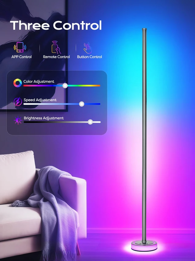Alt view image 2 of 7 - Smart Corner Floor Lamp, RGBICW LED Standing Lamp with App Control, 16 Million Colors with Music Sync, Dimmable Ambient Light for Bedroom, Living Room, Home Decor (Gray)