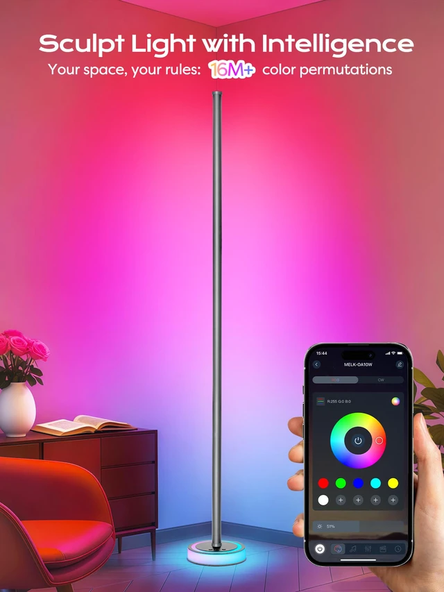 Alt view image 4 of 7 - Smart Corner Floor Lamp, RGBICW LED Standing Lamp with App Control, 16 Million Colors with Music Sync, Dimmable Ambient Light for Bedroom, Living Room, Home Decor (Gray)