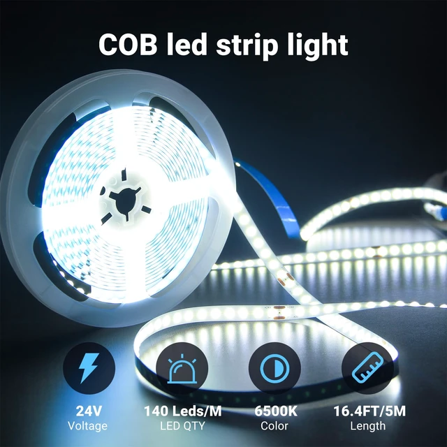 Alt view image 4 of 7 - 16.4FT Dimmable COB led Strip Light, High Brightness led Lights, 6500K Bright Daylight White, 24V, 140 LEDs, Flexible LED Tape Light Suitable for Bedroom, Kitchen, and DIY Home Decoration