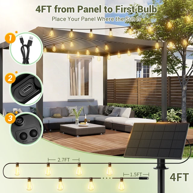Alt view image 7 of 7 - 30FT Solar String Lights Waterproof, 10+1 LED Shatterproof Bulbs Solar Powered with Remote & USB Port, 3 Modes Dimmable Outdoor Lights for Patio, Garden, Camping