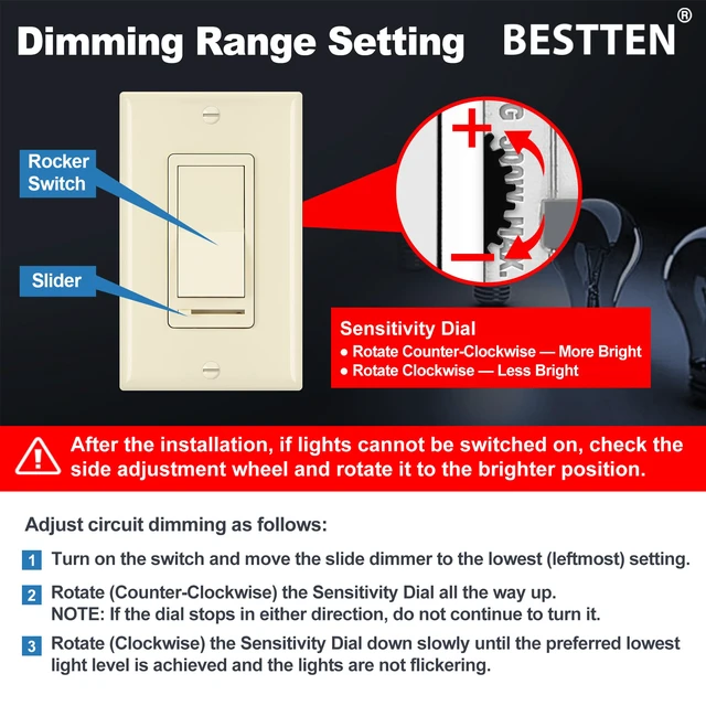 Alt view image 4 of 7 - 2 Pack Almond Dimmer Light Switch, Single Pole or 3-Way, UL Listed Compatible with Dimmable LED, CFL, Incandescent and Halogen Bulb, 120VAC, Decorator Wall Plate Included