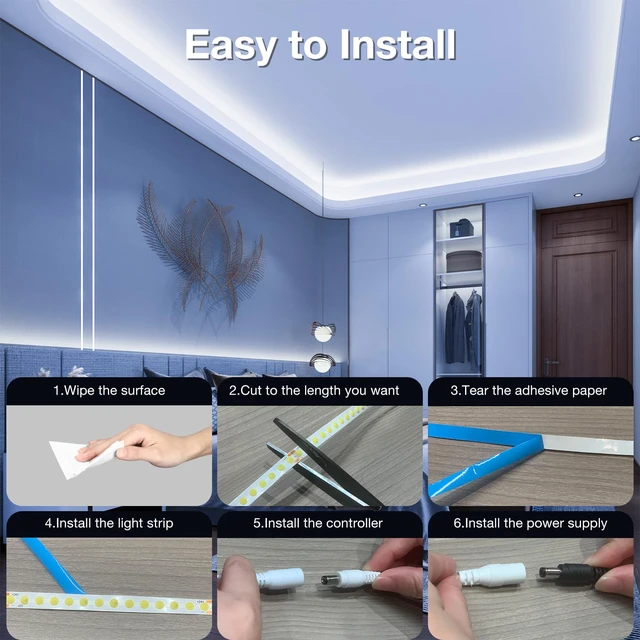 Alt view image 6 of 7 - 16.4FT Dimmable COB led Strip Light, High Brightness led Lights, 6500K Bright Daylight White, 24V, 140 LEDs, Flexible LED Tape Light Suitable for Bedroom, Kitchen, and DIY Home Decoration