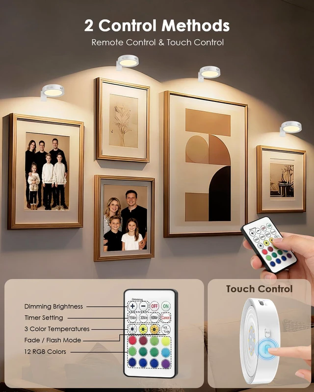 Alt view image 5 of 7 - Picture Lights for Wall, Rechargeable Battery Magnetic Wall Lights with 3 Color Temps and 12 RGB, Picture Light with Remote, Dimmable and Timer, Decor Light for Painting/Frame/Art Display