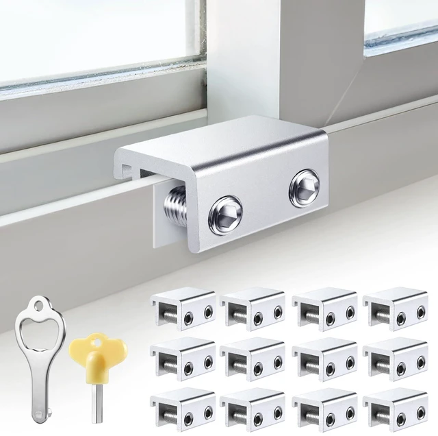 Main image of Window Locks Security, Anti-Fall Aluminum Window Stopper (12 Sets) Window Locks for Up and Down Windows & Horizontal Windows, Sturdy Sliding Window Locks Protect Your Family and Pets