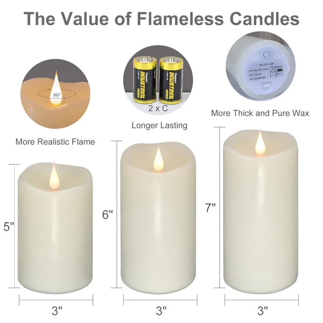 Alt view image 2 of 6 - Flickering Flameless Candles with 3D Moving Flame Set of 3(H 5" 6" 7" x D 3"), Last 1000+ Hours Battery Operated Candles with Remote Timer, Ivory Real Wax Electric LED Pillar Candles