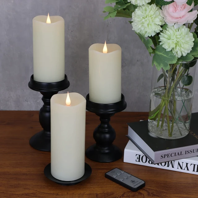Alt view image 3 of 6 - Flickering Flameless Candles with 3D Moving Flame Set of 3(H 5" 6" 7" x D 3"), Last 1000+ Hours Battery Operated Candles with Remote Timer, Ivory Real Wax Electric LED Pillar Candles