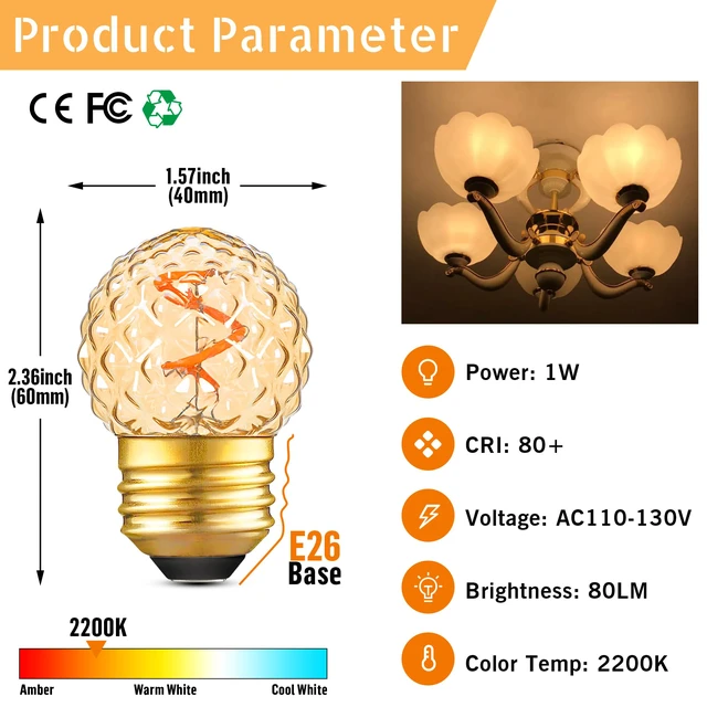 Alt view image 3 of 6 - G40 LED Low Watt Light Bulbs Warm Glow E26 Amber 1W 10 Watt Light Bulb Low Lumen Light Bulb Spiral Filament Small Short Light Bulbs Decorative Dim Light Bulbs for Lamp,Bedroom,2200K 100LM,15 PACK