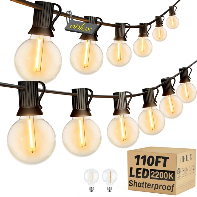 Main image of Outdoor String Lights,110FT Dimmable Patio Lights with 52 Shatterproof 2200K LED G40 Bulbs(2 Spare),Waterproof Hanging Lights String for Outside Backyard Cafe Porch Deck Porch