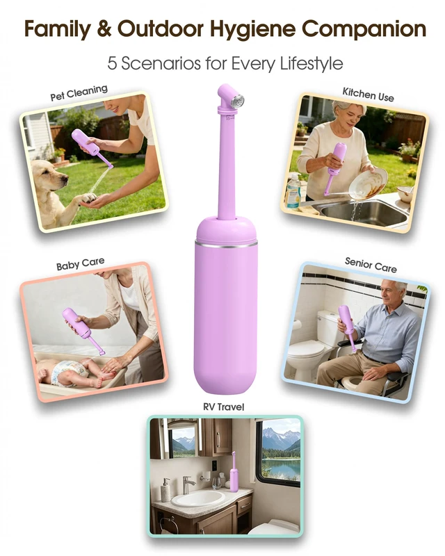 Alt view image 7 of 7 - Portable Bidet for Travel & Camping - Manual Squeeze Peri Bottle Handheld 3 Leak-Proof Seals BPA-Free Feminine Hygiene Care Postpartum Extendable Sprayer with Nozzle for Men&Women-Light Purple