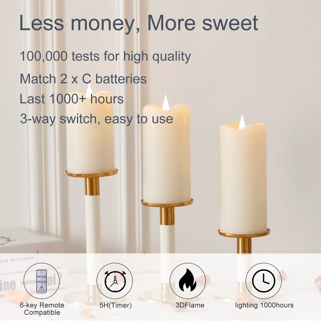 Alt view image 6 of 6 - Flickering Flameless Candles with 3D Moving Flame Set of 3(H 5" 6" 7" x D 3"), Last 1000+ Hours Battery Operated Candles with Remote Timer, Ivory Real Wax Electric LED Pillar Candles