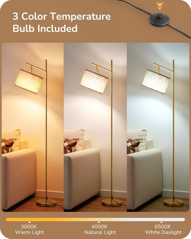Alt view image 2 of 7 - 64.7" Gold Modern Floor Lamps for Living Room, Arc Standing Lamp 3 Color Temperatures Bulb Included, Adjustable Linen Shade, Foot Switch, Minimalist Tall Light for Bedroom, Office, Nursey