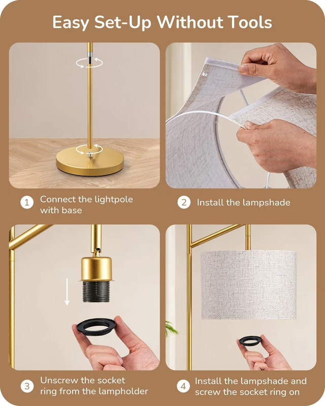 Alt view image 7 of 7 - 64.7" Gold Modern Floor Lamps for Living Room, Arc Standing Lamp 3 Color Temperatures Bulb Included, Adjustable Linen Shade, Foot Switch, Minimalist Tall Light for Bedroom, Office, Nursey