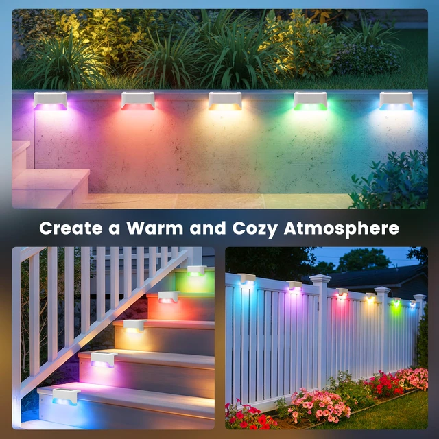 Alt view image 5 of 7 - Solar Deck Lights Outdoor,Fence Lights Waterproof,16 Pack RGB LED Step Light for Outside, Patio, Stair, Garden, Yard, Railing, Front Porch, Balcony Decor