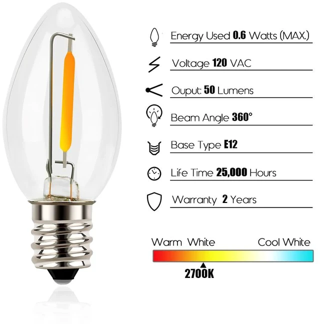 Alt view image 2 of 7 - Night Light Bulbs, C7 Candelabra LED Light Bulbs, E12 Chandelier Base, 4W 5W 6W 7W Incandescent Equivalent, Warm White, 2700K, Clear, 12 Pack