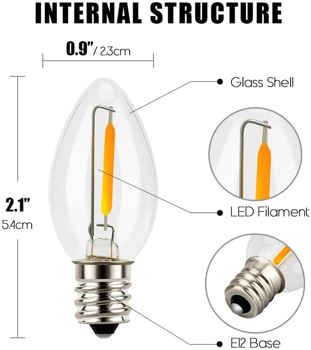 Alt view image 6 of 7 - Night Light Bulbs, C7 Candelabra LED Light Bulbs, E12 Chandelier Base, 4W 5W 6W 7W Incandescent Equivalent, Warm White, 2700K, Clear, 12 Pack