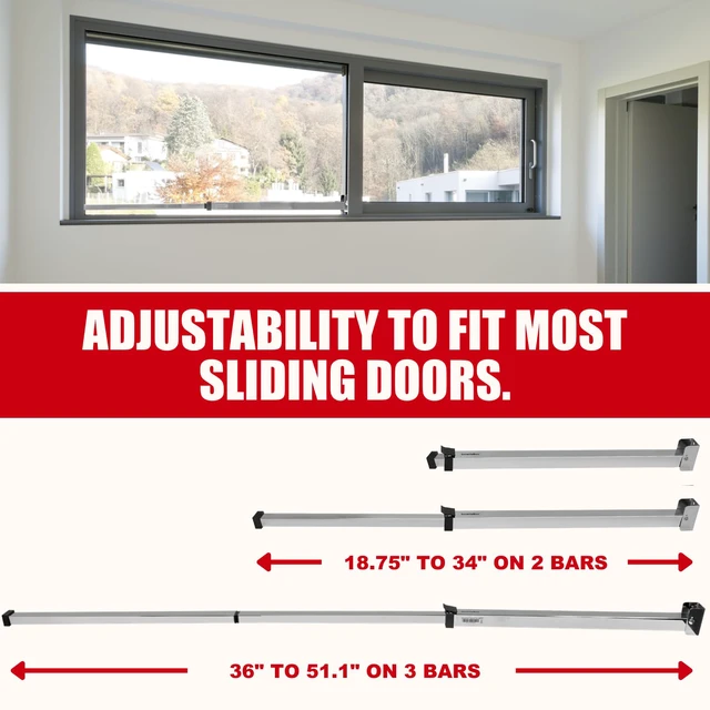 Alt view image 3 of 7 - Sliding Door Security Bar-Child Proof Sliding Door Lock Bar with Anti Lift Lock - Fits Most Doors & Windows - Adjustable Patio Door Security Bar (18.75"- 51.1") Chrome