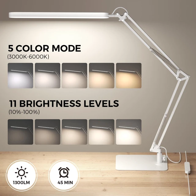 Alt view image 2 of 7 - LED Desk Lamp with Slim Base - Adjustable Swing Arm Desk Light, Dimmable, Timer, Eye Protection, Memory Function, 1300LM, 12W, White