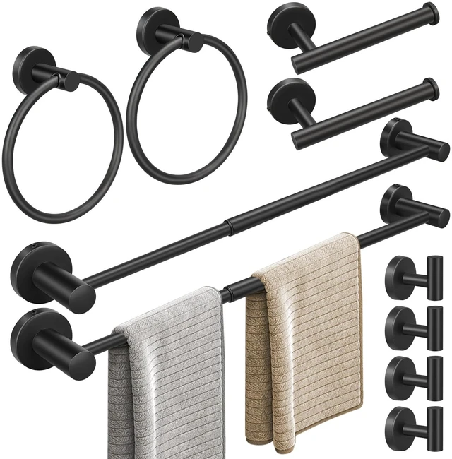 Main image of 10pcs Matte Black Retractable Bathroom Hardware Set, Including 24in Retractable Hand Bar, Toilet Paper Holders, Towel Rings, Multifunctional Robe Hooks