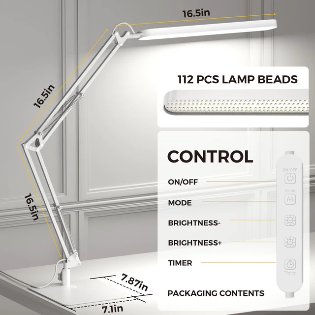 Alt view image 3 of 7 - LED Desk Lamp with Slim Base - Adjustable Swing Arm Desk Light, Dimmable, Timer, Eye Protection, Memory Function, 1300LM, 12W, White