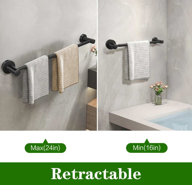 Alt view image 2 of 7 - 10pcs Matte Black Retractable Bathroom Hardware Set, Including 24in Retractable Hand Bar, Toilet Paper Holders, Towel Rings, Multifunctional Robe Hooks