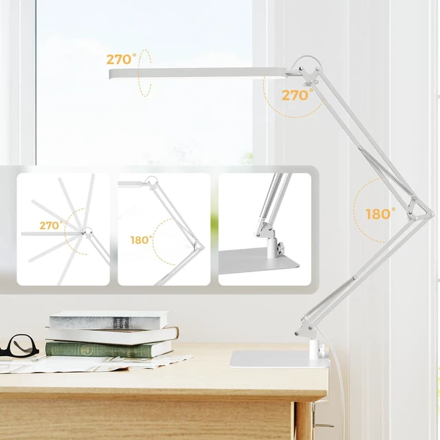 Alt view image 4 of 7 - LED Desk Lamp with Slim Base - Adjustable Swing Arm Desk Light, Dimmable, Timer, Eye Protection, Memory Function, 1300LM, 12W, White