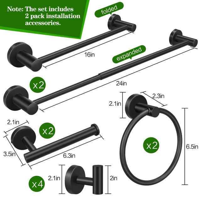 Alt view image 6 of 7 - 10pcs Matte Black Retractable Bathroom Hardware Set, Including 24in Retractable Hand Bar, Toilet Paper Holders, Towel Rings, Multifunctional Robe Hooks