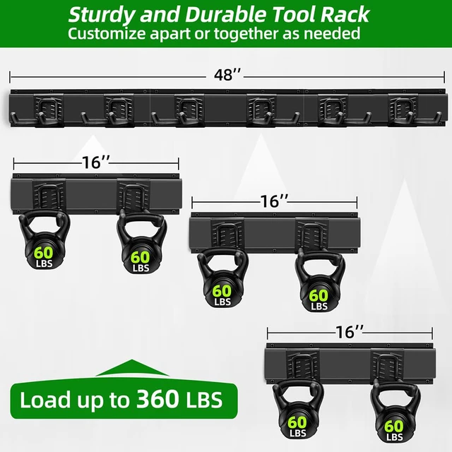 Alt view image 2 of 7 - Garage Wall Organizer, 48 inches Adjustable Garden Tool Organizer Heavy-duty Alloy Steel, 360 LBS Load, Wear & Tear Resistant, Soft Anti-Scratch Hook Sleeves, For Lawn, Yard & Shed Storage