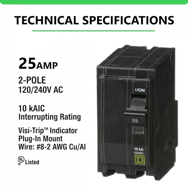 Alt view image 2 of 7 - Genuine Square D QO225 25 Amp Double Pole Circuit Breaker Kit UL Listed, Plug-On Replacement for QO Load Center Panel Box, 25A, 120/240V, 10kAIC, 25Amp, 2 Pole QO Circuit Breaker, 1 Pack