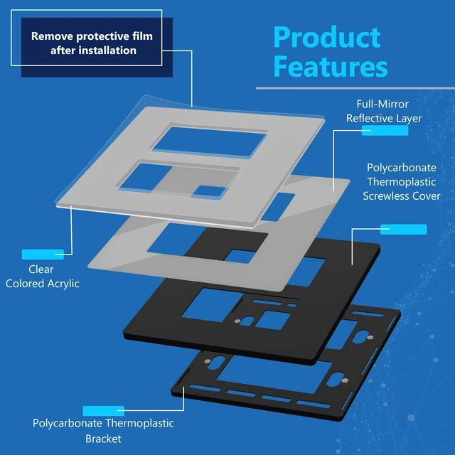Alt view image 6 of 7 - Double Decorator Wall Plate, Impact Resistant, Mirror Glass Silver Reflective, Plexiglass, Screwless, Mid-Size, Tough And Heat Resistant, Easy Installation, Modern And Sophisticated